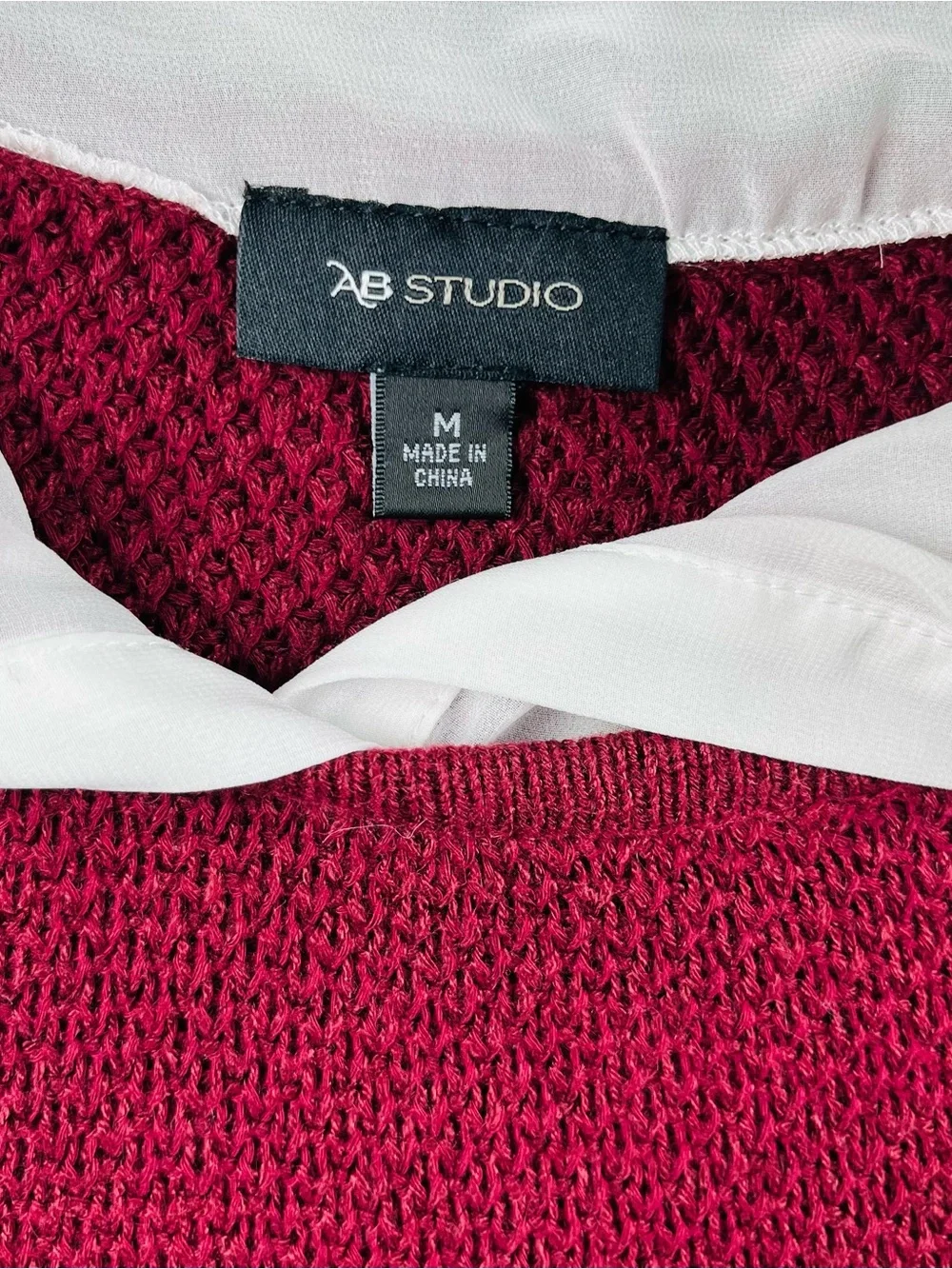 AB Studio Burgundy Crewneck Sweater with White Shirt Hem